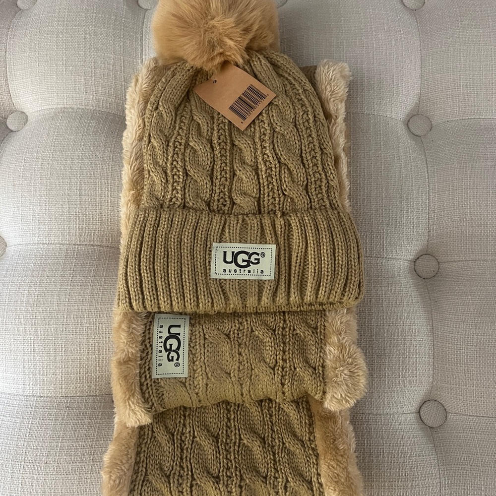UGG Tan Cable Knit Beanie and Scarf Set